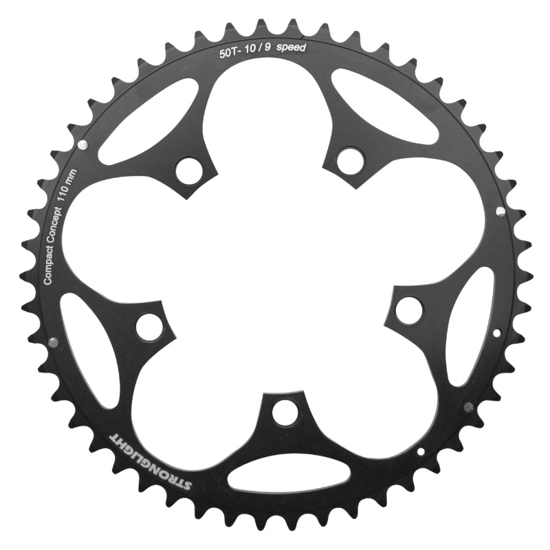 Plateau route Stronglight 5 branches 110 mm type Shimano extérieur noir Dural 9-10 v – 50 dents