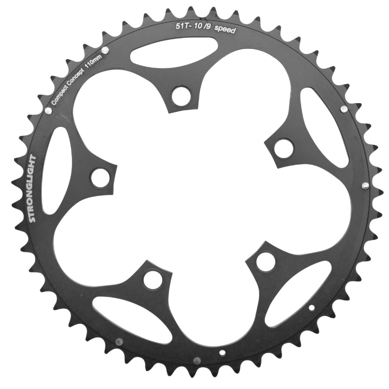 Plateau route Stronglight 5 branches 110 mm type Shimano extérieur noir Dural 10-9 v – 51 dents
