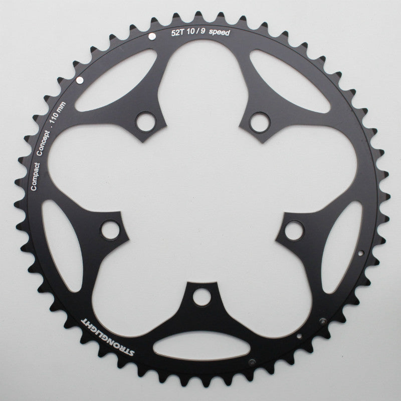 Plateau route Stronglight 5 branches 110 mm type Shimano extérieur noir Dural 10-9 v – 52 dents
