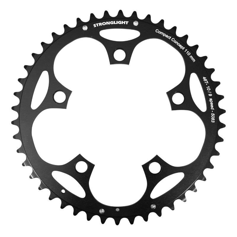 Plateau route Stronglight 5 branches 110 mm type Shimano extérieur noir Dural 10-9 v – 46 dents