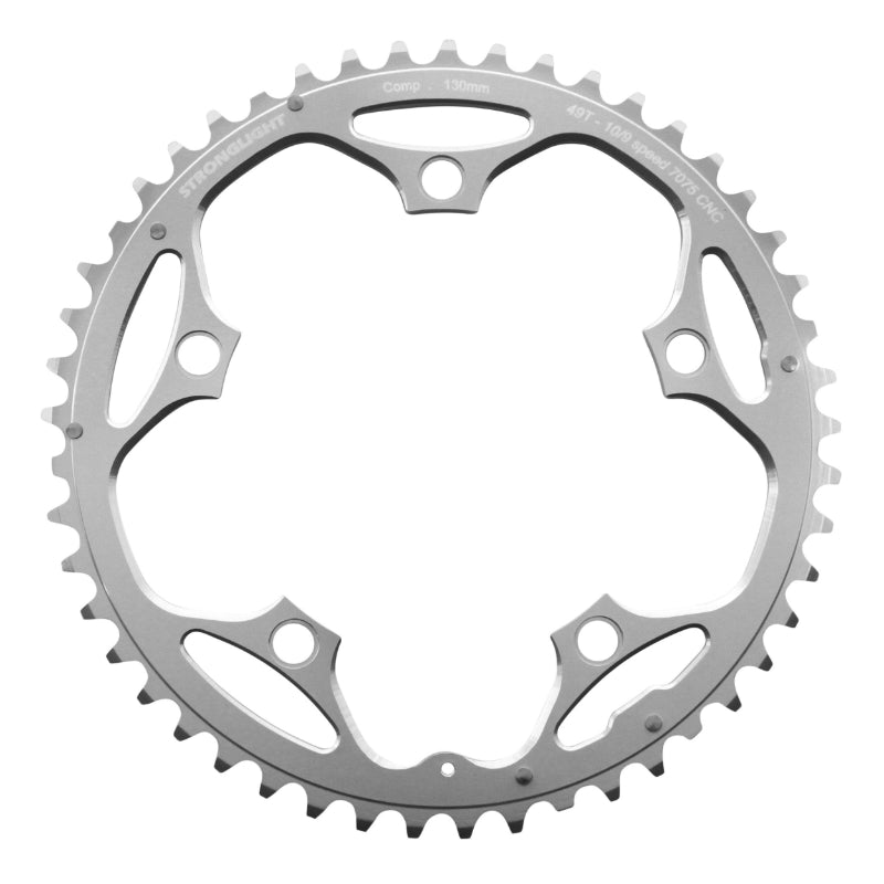Plateau route Stronglight 5 branches 130 mm type Shimano extérieur argent 9-10 v – 49 dents