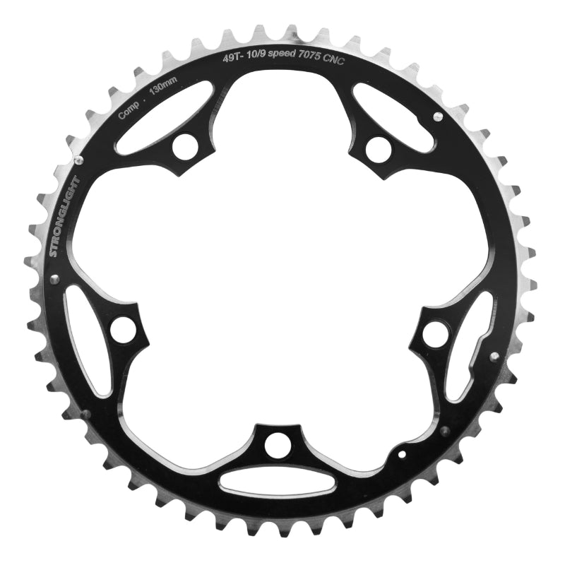 Plateau route Stronglight 5 branches 130 mm type Shimano extérieur noir 9-10 v – 49 dents