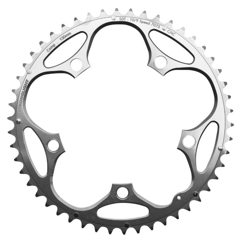 Plateau route Stronglight 5 branches 130 mm type Shimano extérieur argent 9-10 v – 50 dents