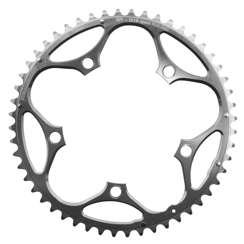 Plateau route Stronglight 5 branches 130 mm type Shimano extérieur argent 9-10 v – 52 dents