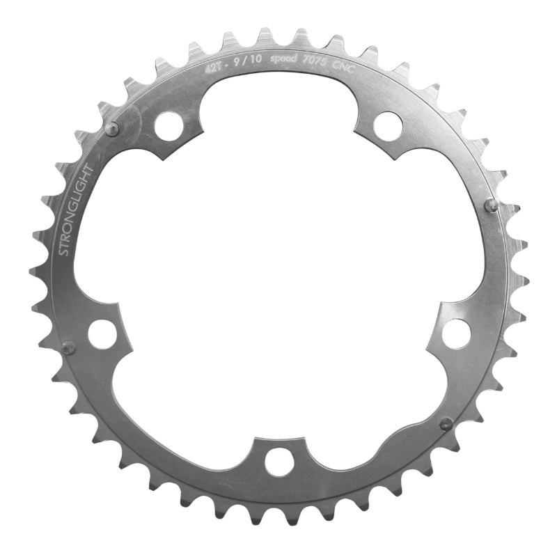 Plateau route Stronglight 5 branches 130 mm type Shimano milieu triple argent 9-10 v – 42 dents