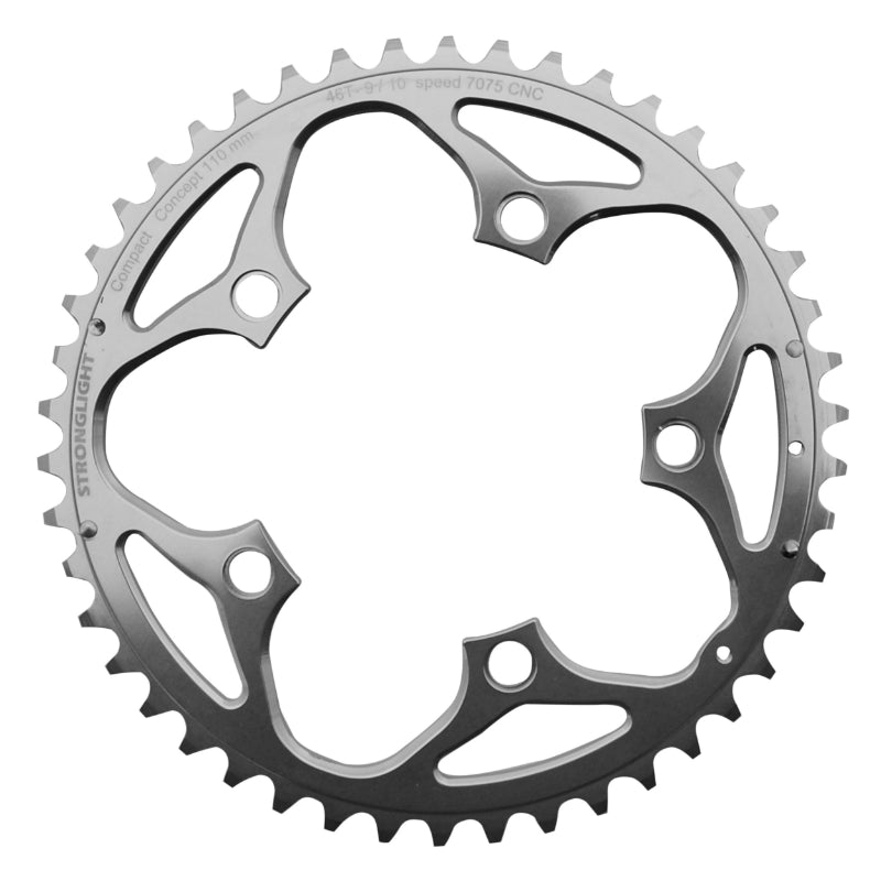 Plateau route Stronglight 5 branches 110 mm type Shimano extérieur argent 9-10 v – 46 dents
