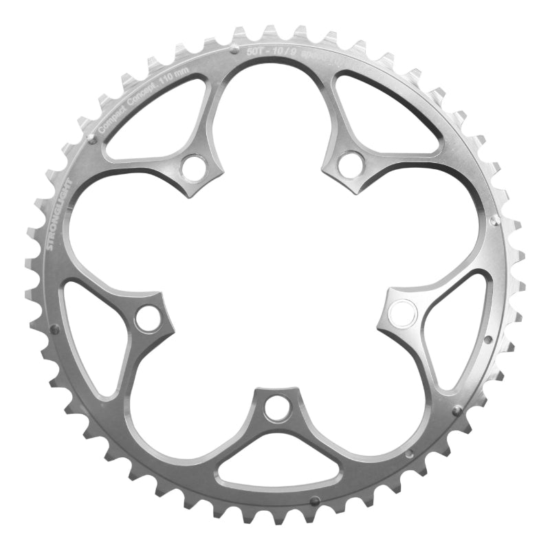 Plateau route Stronglight 5 branches 110 mm type Shimano extérieur argent 9-10 v – 50 dents