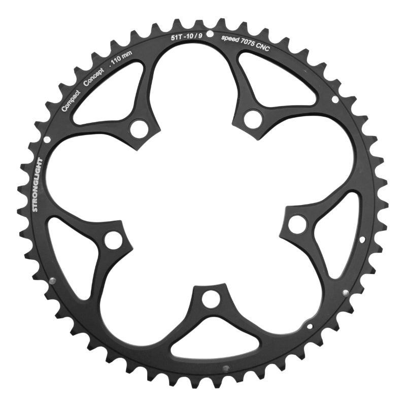 Plateau route Stronglight 5 branches 110 mm type Shimano extérieur noir 9-10 v – 51 dents