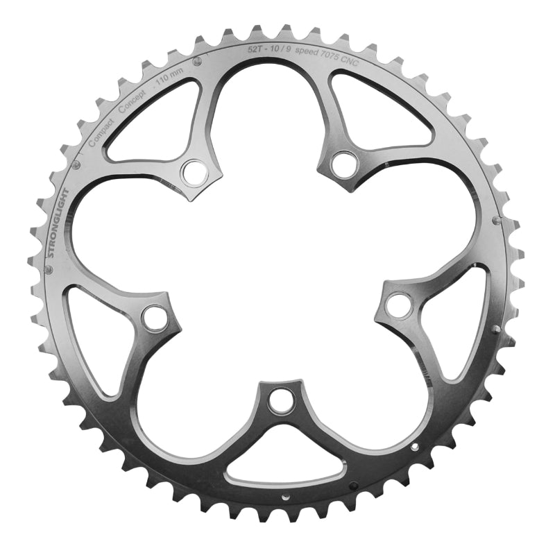 Plateau route Stronglight 5 branches 110 mm type Shimano extérieur argent 9-10 v – 52 dents