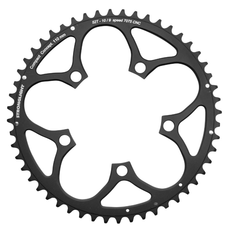 Plateau route Stronglight 5 branches 110 mm type Shimano extérieur noir 9-10-11 v – 52 dents