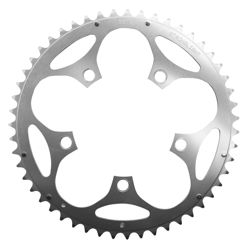 Plateau route Stronglight 5 branches 110 mm type Shimano extérieur argent Dural 10-9 v – 51 dents