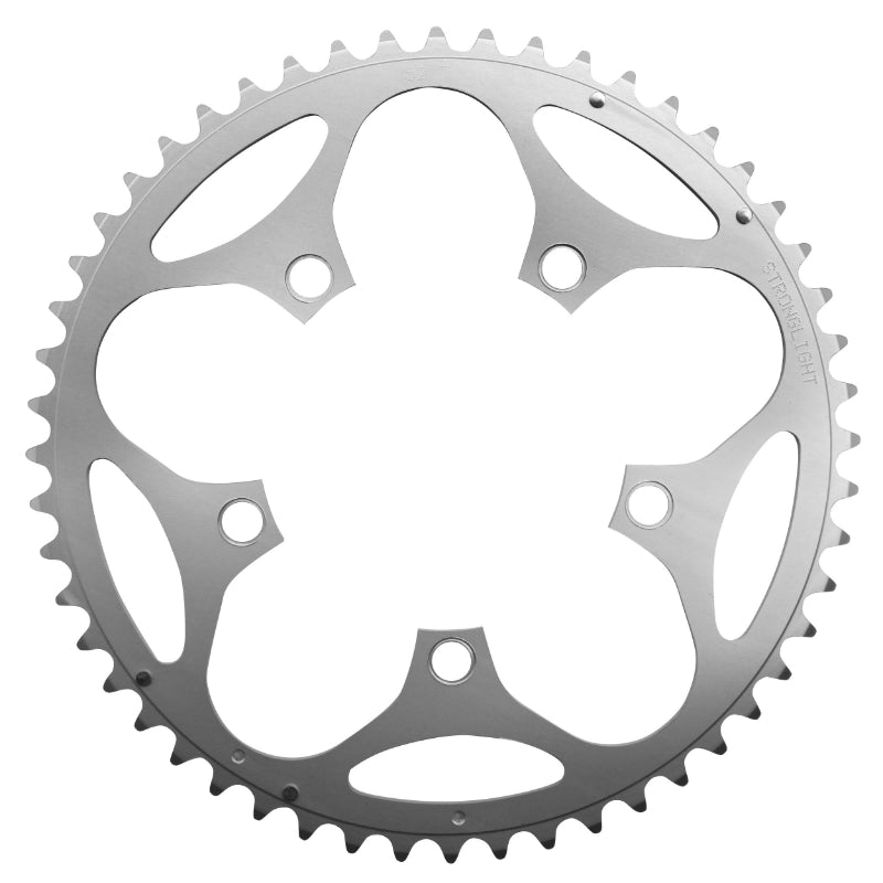 Plateau route Stronglight 5 branches 110 mm type Shimano extérieur argent Dural 10-9 v – 52 dents