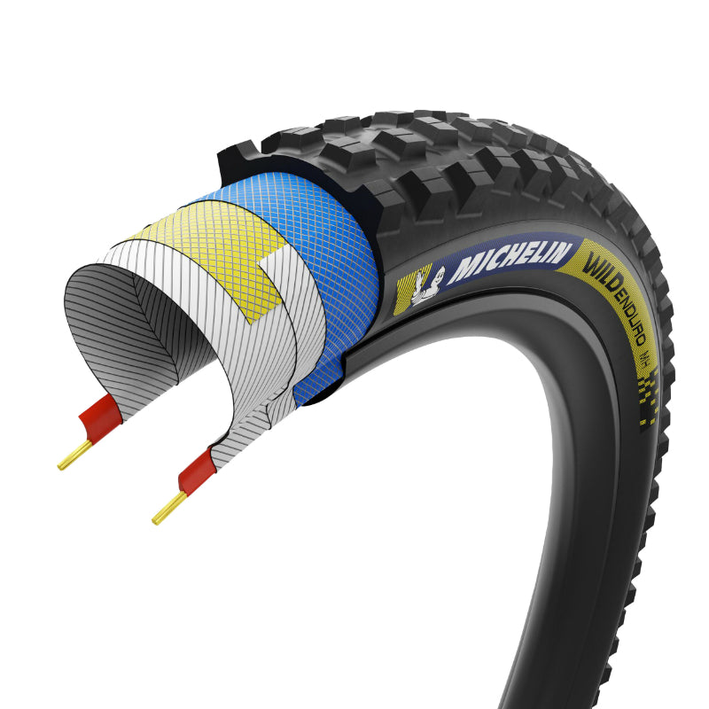 Pneu VTT gravity Michelin Wild Enduro Mh Racing Line noir tringle souple tubeless ready – 29 x 2,50 (63-622) – stickers bleu-jaune