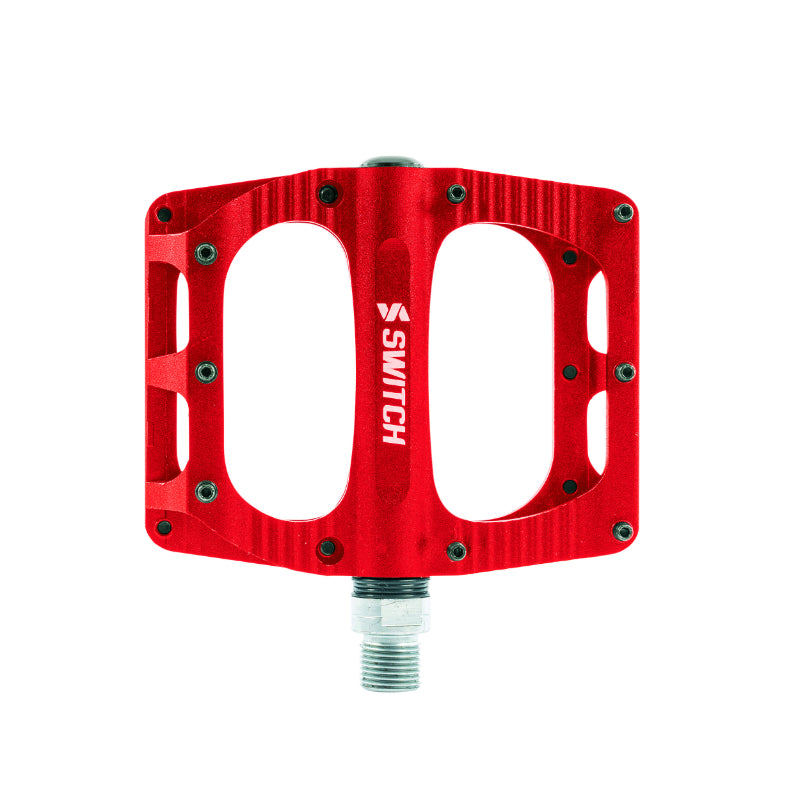 Pédales plateforme VTT Switch Freeride alu CNC 100 x 90 mm à picots (paire) – Rouge