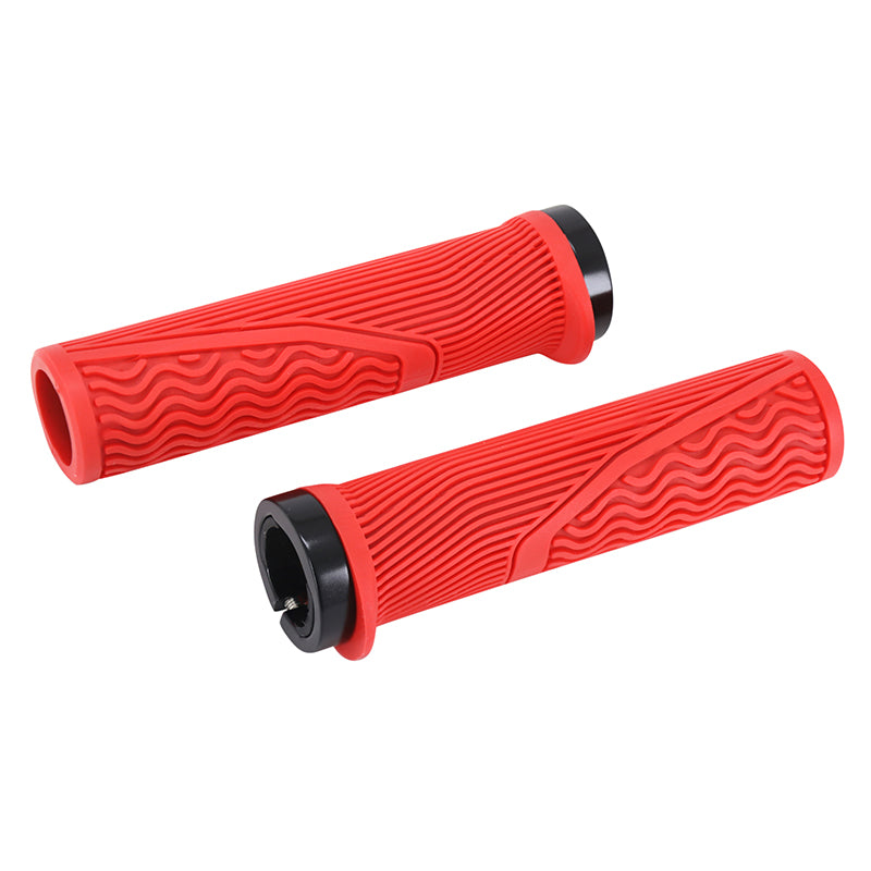 Poignées VTT-city Newton Lock On Rubber (paire) – Rouge 130 mm avec bouchons
