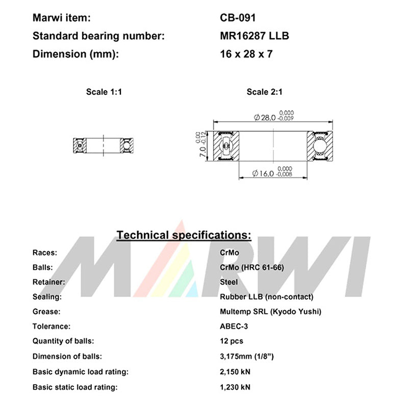 Roulement Marwi 2RS étanche – 16287 – 16 x 28 x 7 mm (lot de 10)