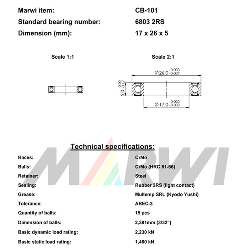 Roulement Marwi 2RS étanche – 6803 – 17 x 26 x 5 mm (lot de 10)