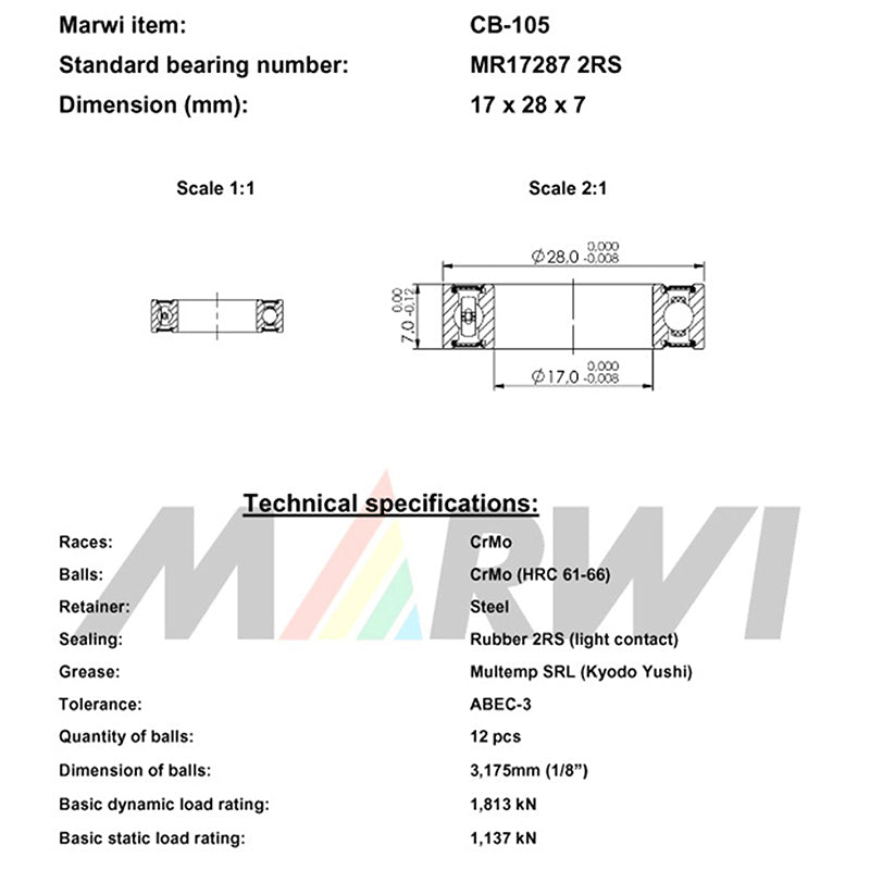 Roulement Marwi 2RS étanche – 17287 – 17 x 28 x 7 mm (lot de 10)