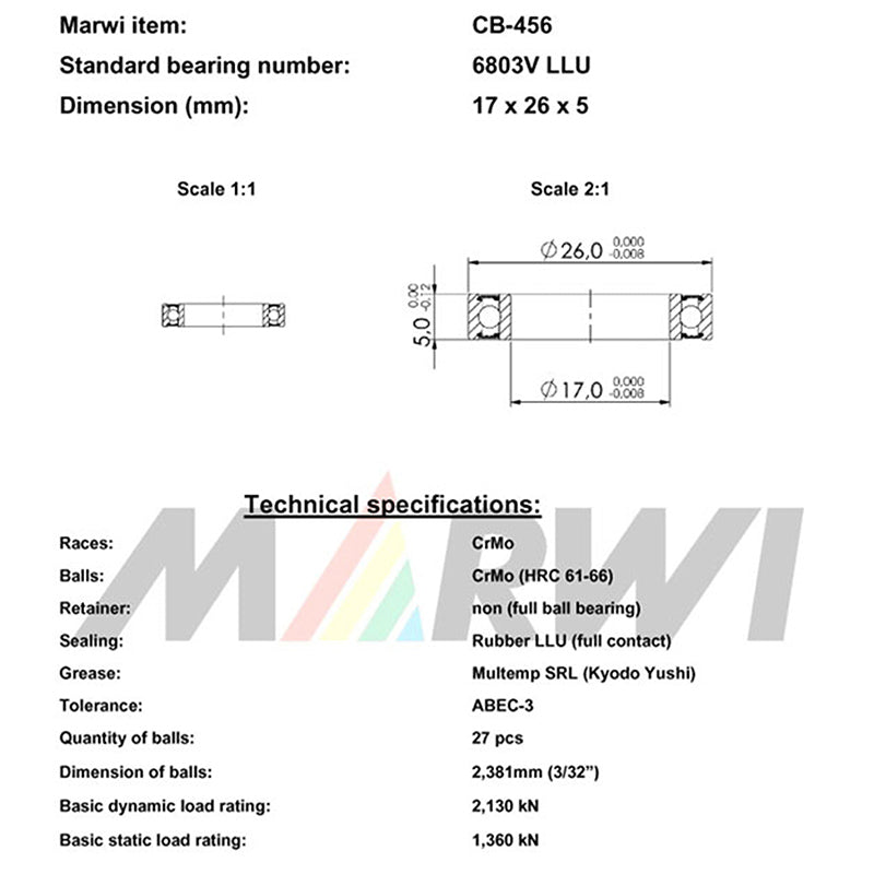 Roulement de cadre suspendu Marwi – 6803V LLU – 17 x 26 x 5 mm (lot de 10)