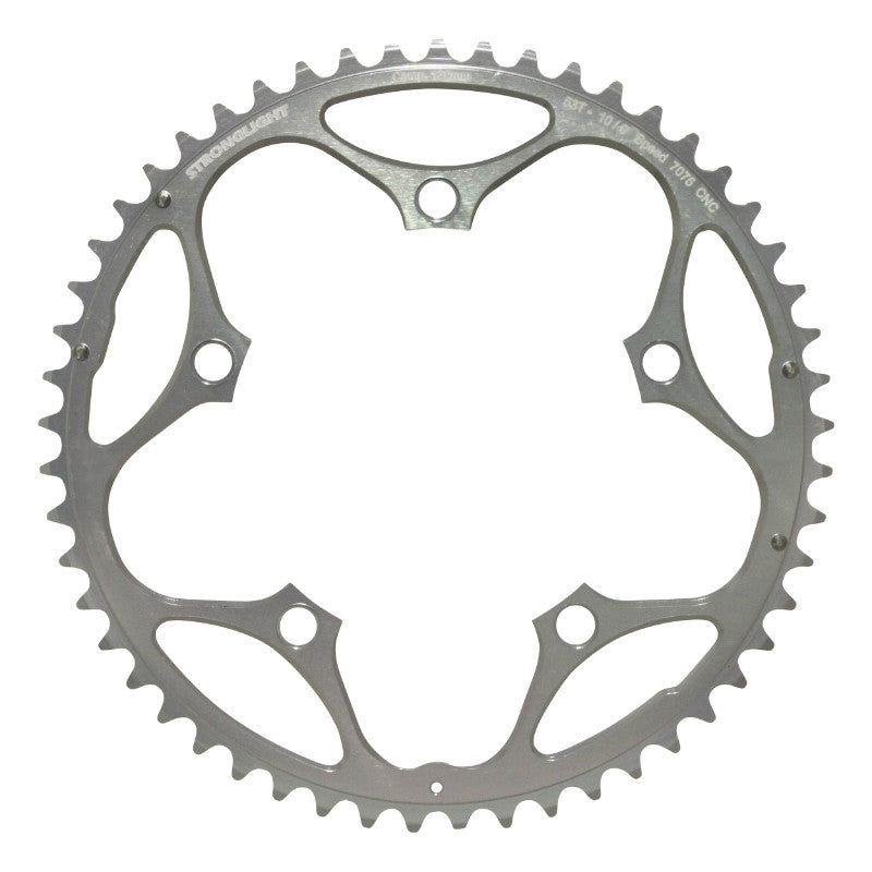 Plateau route Stronglight 5 branches 130 mm type Shimano extérieur argent 9-10 v – 53 dents