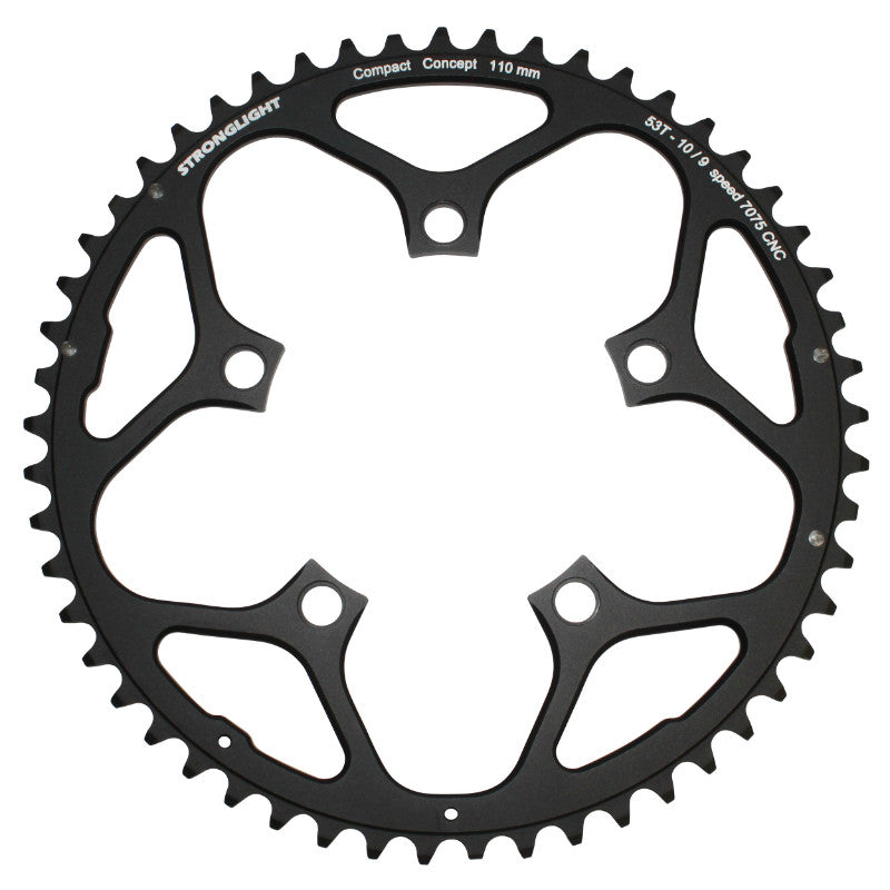 Plateau route Stronglight 5 branches 110 mm type Shimano extérieur noir 9-10 v – 53 dents