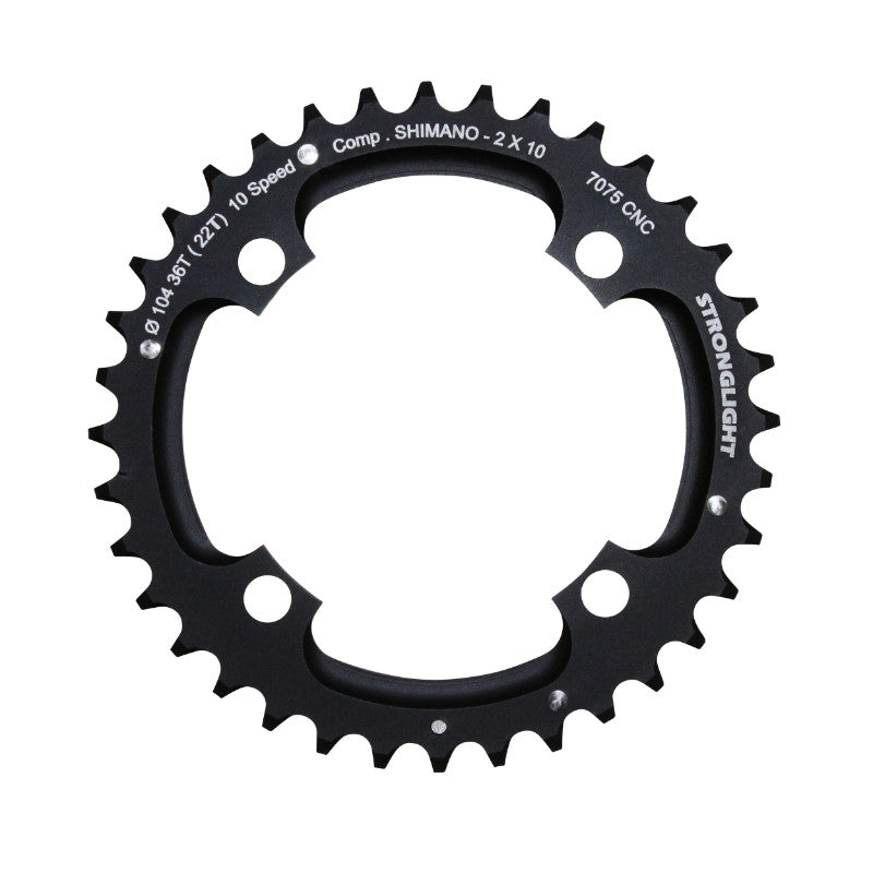 Plateau VTT Stronglight 4 branches 104 mm pour Shimano extérieur double noir 10 v ép. 5 mm – 36 dents