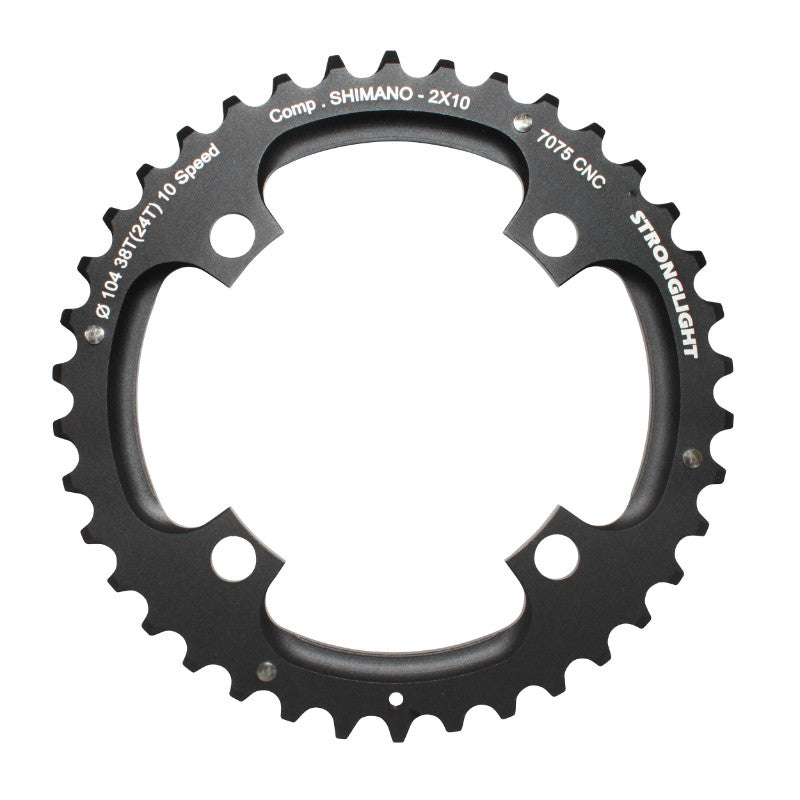 Plateau VTT Stronglight 4 branches 104 mm pour Shimano extérieur double noir 10 v ép. 5 mm – 38 dents