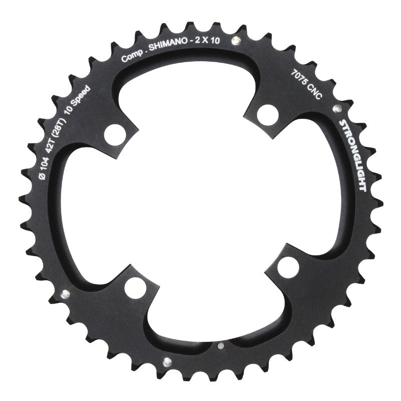 Plateau VTT Stronglight 4 branches 104 mm pour Shimano extérieur double noir 10 v ép. 5 mm – 42 dents