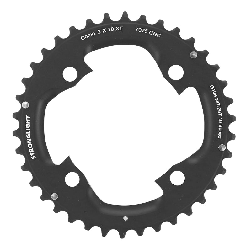 Plateau VTT Stronglight 4 branches 104 mm pour Shimano XT M785 extérieur double noir 10 v ép. 5 mm – 38 dents