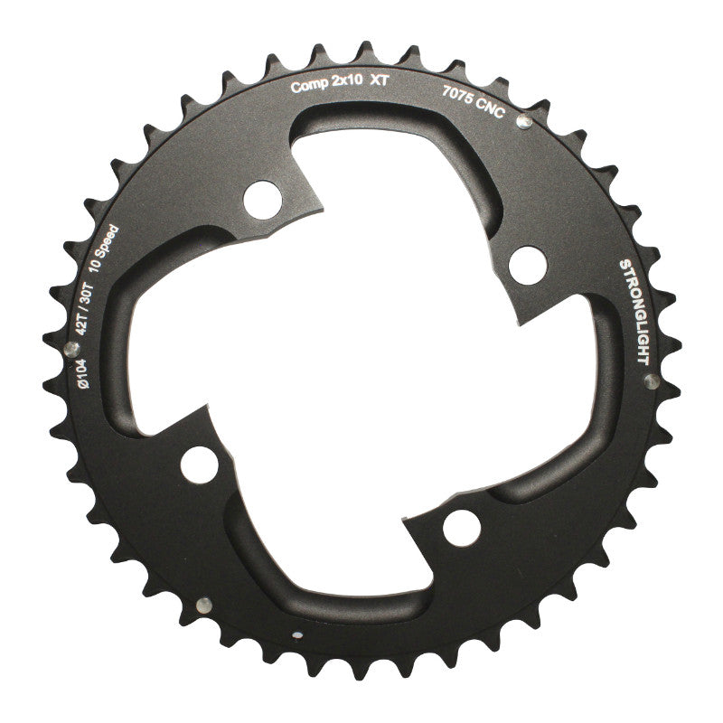 Plateau VTT Stronglight 4 branches 104 mm pour Shimano XT M785 extérieur double noir 10 v ép. 5 mm – 42 dents