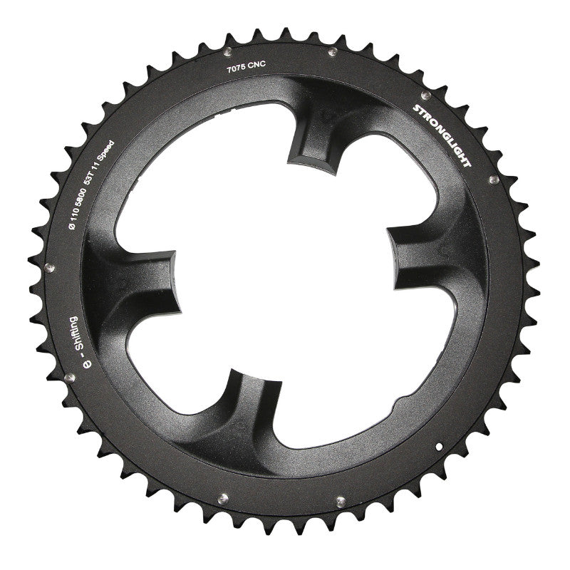 Plateau route Stronglight 4 branches 110 mm pour Shimano 105 5800 extérieur noir 11 v – 53 dents