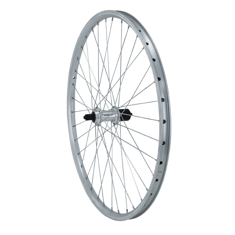 Roue arrière VTT 26" ER10 argent Shimano QC300 cassette 7-10 vitesses